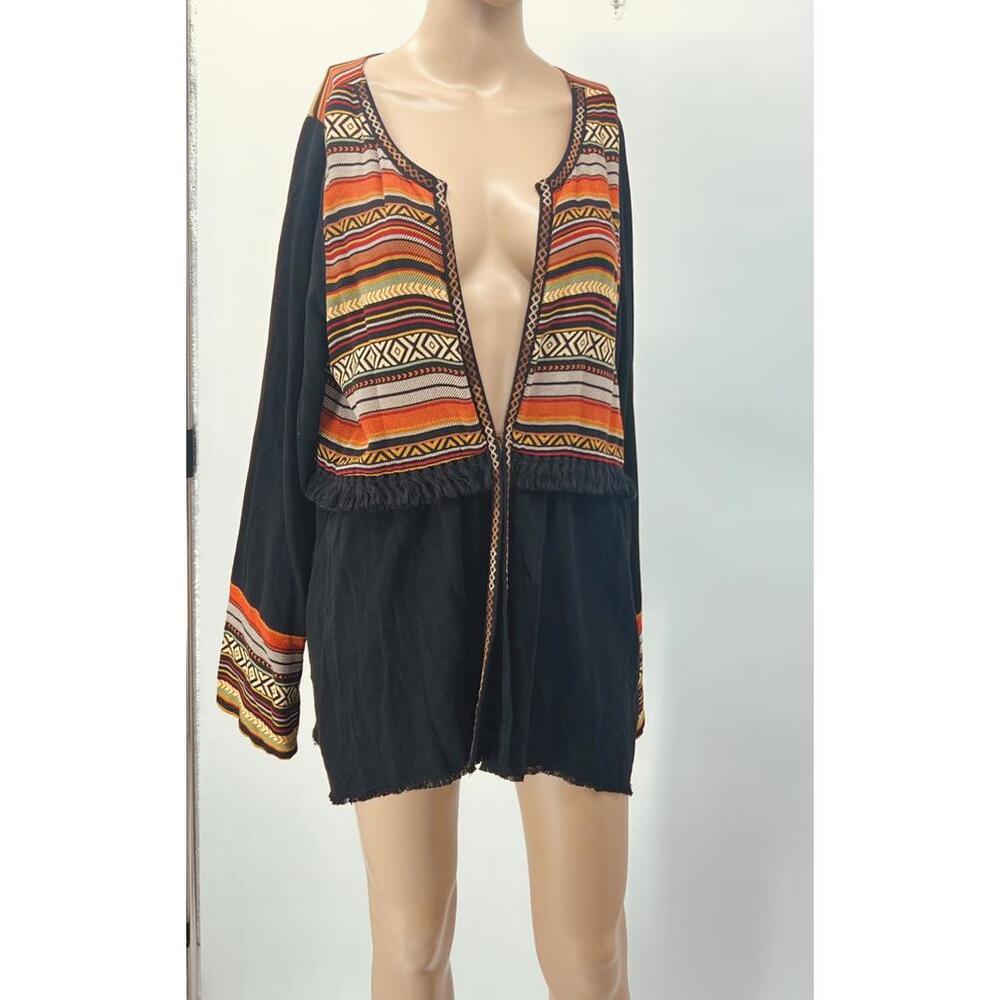 Bohemian Tunic Top Embroidered Pattern‎ Lightweight Flowy Black Small